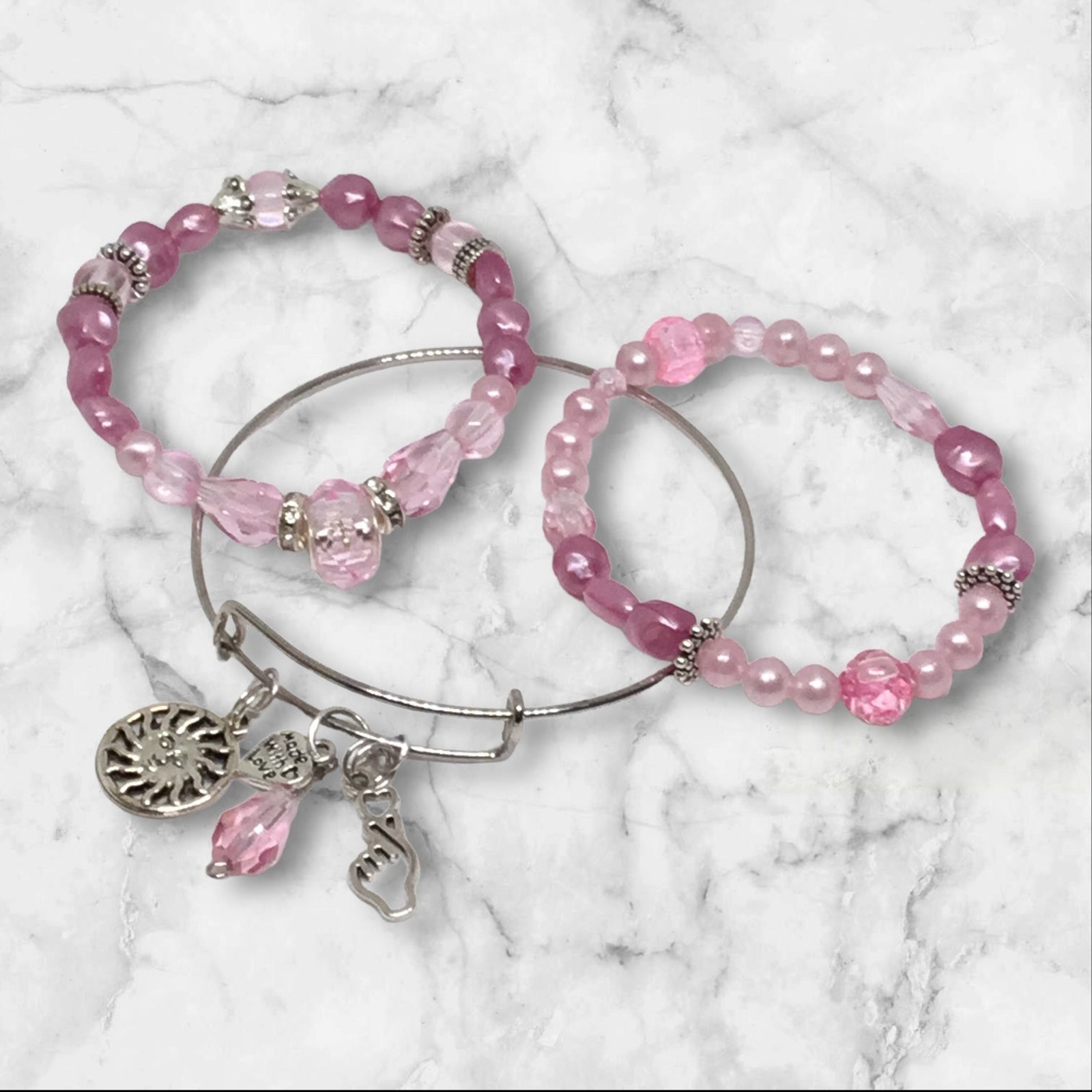 Handmade Pink Beads & Rhinestone Accents Bangle & Stretch Charm Bracelet Set